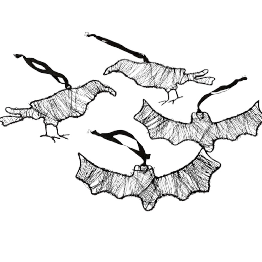 Lot 4 Spooky Halloween Black Crows Bats Hanging Decor Ornaments Wire Farmhouse